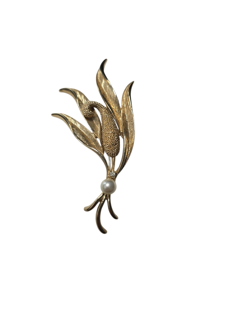Vintage Gold Tone Willow Leaves Cluster Brooch Pin with Faux Pearl & Rhinestone